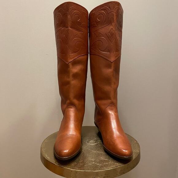Vintage 80s Leather Boots 7 | Made in Brazil, Embossed Western Riding Boots, NEW - Picture 2 of 9